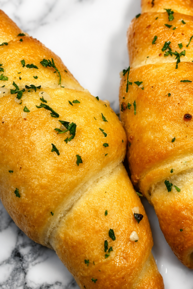 Crescent roll dough, melted butter, minced garlic, and Italian seasoning on a counter