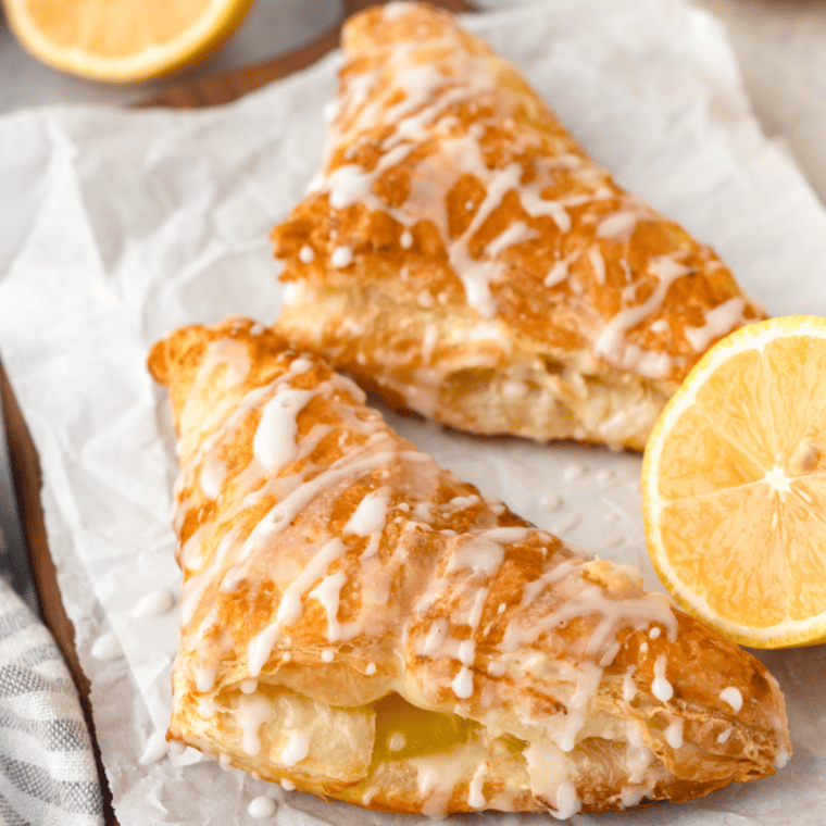 Close-up of air fryer lemon turnovers filled with creamy lemon curd."