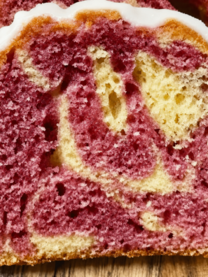 Slice of air fryer raspberry lemon bread on a white plate with lemon glaze