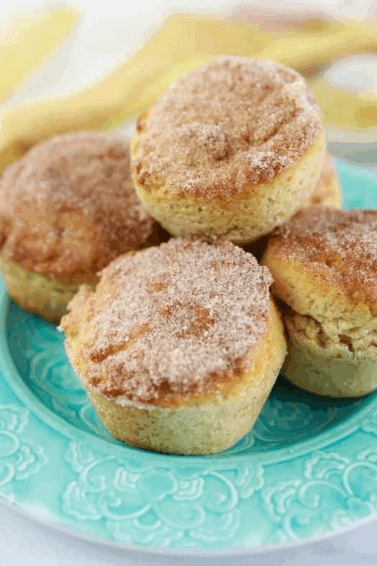 Golden-brown air fryer snickerdoodle muffins with cinnamon-sugar topping, soft and freshly baked, ready to enjoy.