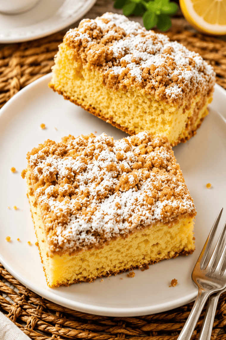 Two slices of air fryer crumb cake with cinnamon crumb topping on a kitchen table