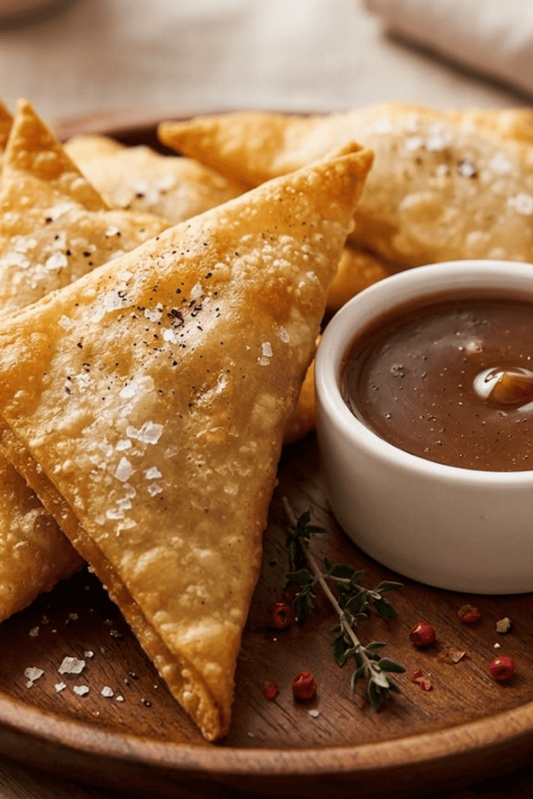 Golden brown apple pie wontons from the air fryer served on a plate with cinnamon sugar and apple filling visible inside.