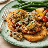 Air Fryer Artichoke Chicken turns a simple breaded chicken breast into a dinner that tastes like you fussed — crispy on the outside, juicy inside, and crowned with melty cheese and artichokes. It comes together in about 40 minutes, with no deep fryer and no mess.