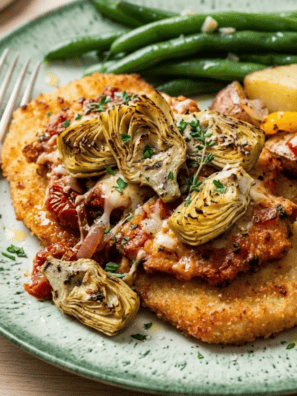 Air Fryer Artichoke Chicken turns a simple breaded chicken breast into a dinner that tastes like you fussed — crispy on the outside, juicy inside, and crowned with melty cheese and artichokes. It comes together in about 40 minutes, with no deep fryer and no mess.