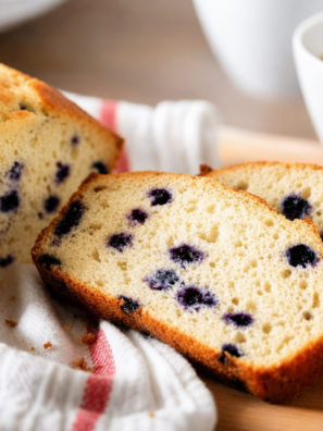 Sliced air fryer blueberry pound cake on a wooden board with fresh blueberries