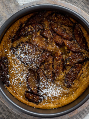 Air fryer German apple pancake puffed and golden with caramelized apples and cinnamon