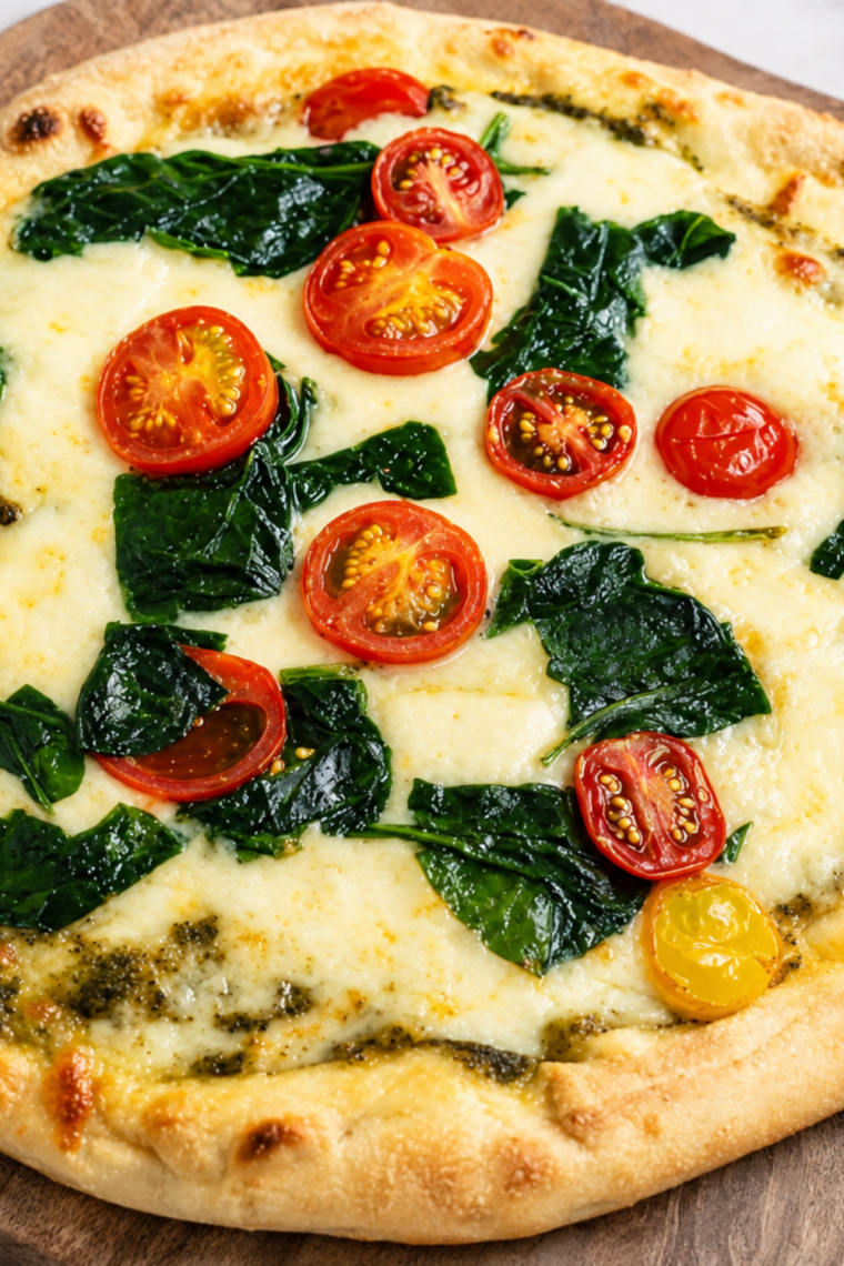 Spinach naan pizza with pesto and melted mozzarella, fresh from the air fryer basket