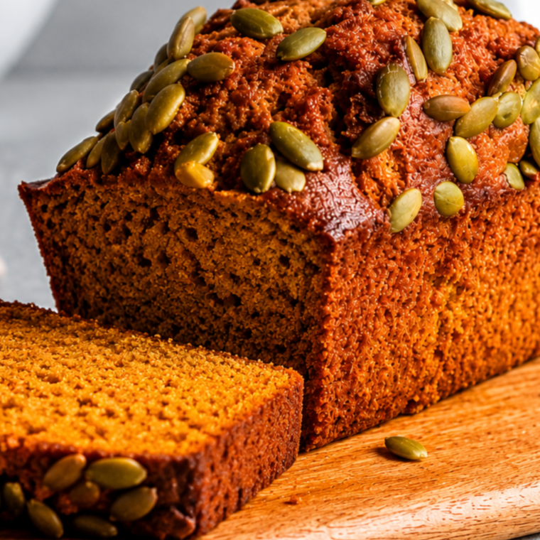 Close-up of the tender interior crumb of pumpkin nut bread with visible pecan pieces