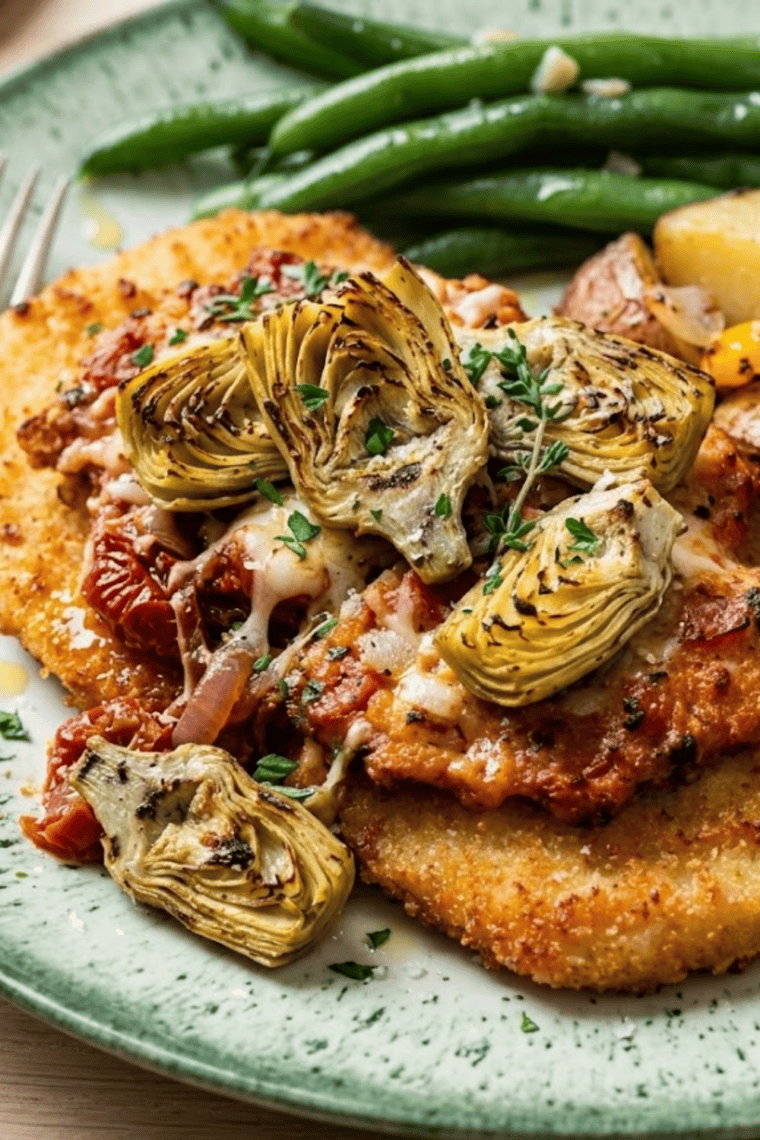Air fryer artichoke chicken recipe pin with crispy breaded chicken and creamy artichoke cheese topping