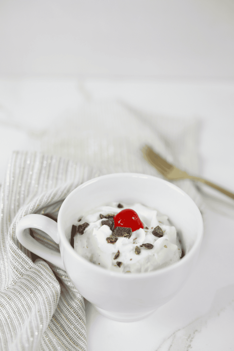 Fudgy air fryer brownie in a mug served warm with melted chocolate center, quick single-serve dessert made in ceramic mug for easy sweet treat