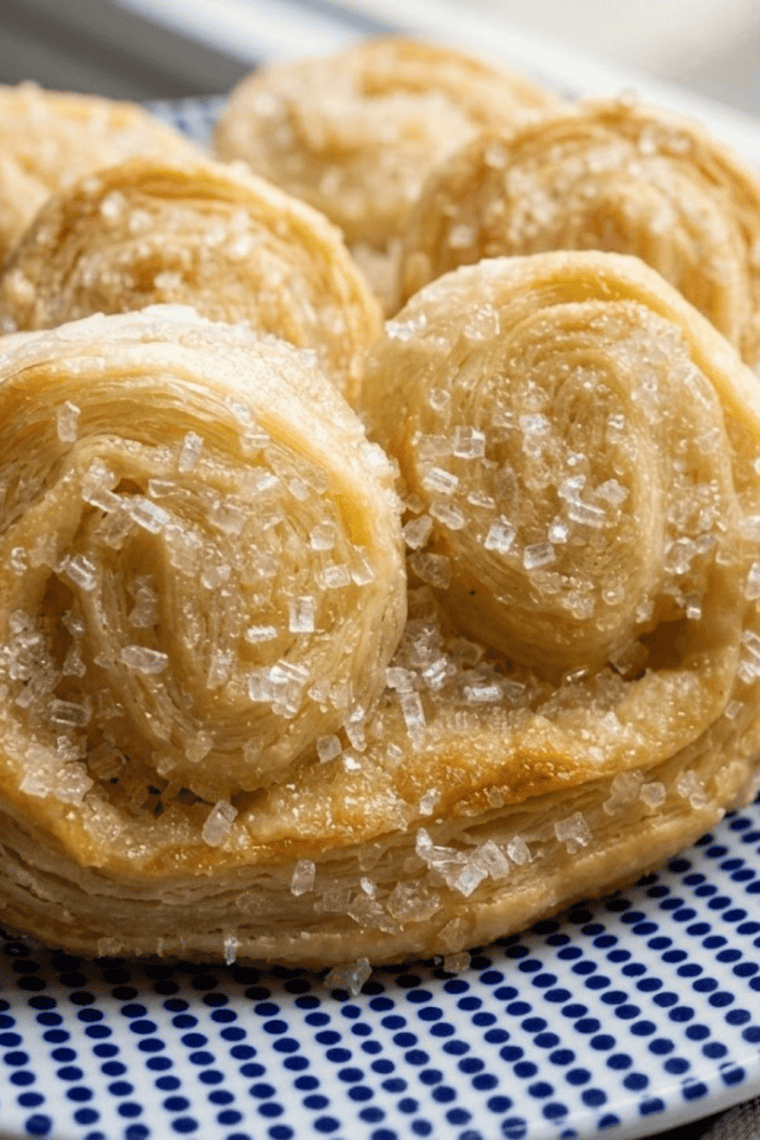 Golden, crisp Air Fryer French Palmiers with flaky layers on a serving plate.