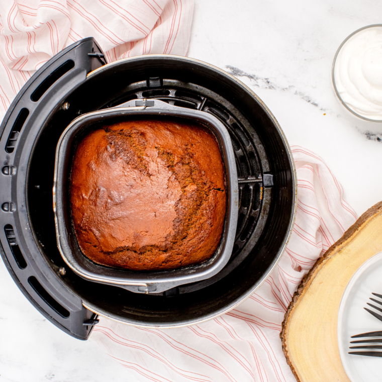 Baked pumpkin cake cooling in the pan after air frying
