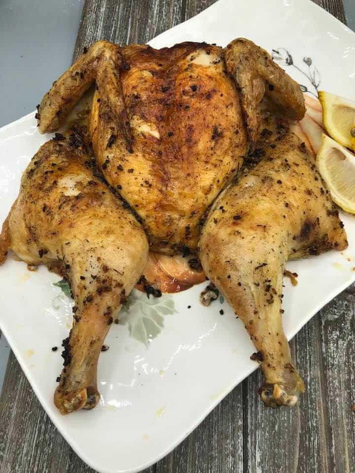 Step 3: Check the temperature and serve
Check the chicken’s internal temperature, which should be about 165 degrees F, in the thickest part of the chicken.

Let rest for about 10 minutes before serving.
