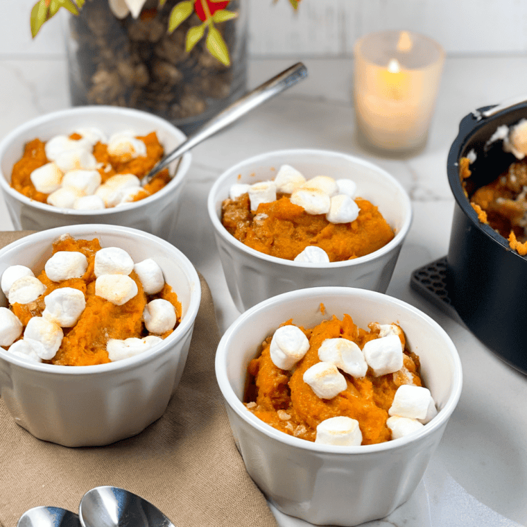 Cooled sweet potato casserole with golden marshmallows, ready to store or serve