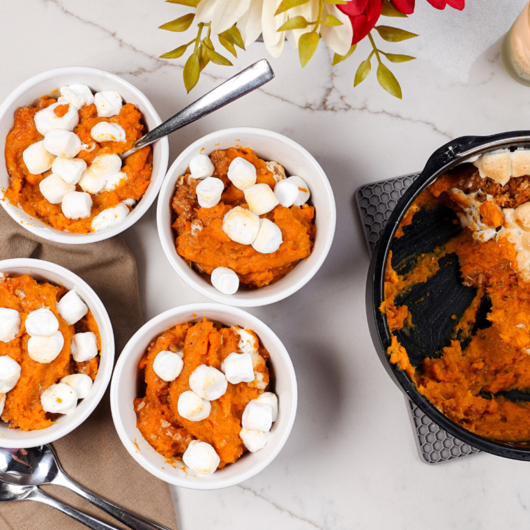 Mini sweet potato casseroles in ramekins, ready for the air fryer.