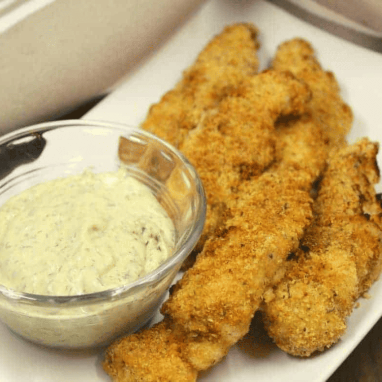 Air Fryer Keto Fish Sticks on plate with tartar sauce