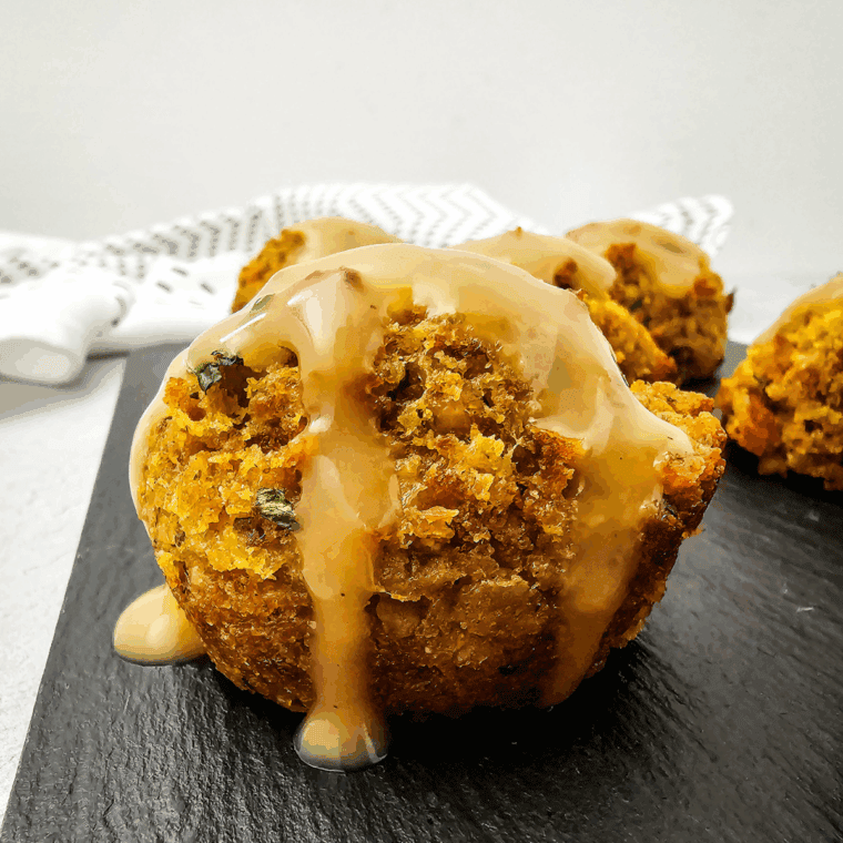 Golden air fryer stuffing muffins in a muffin pan