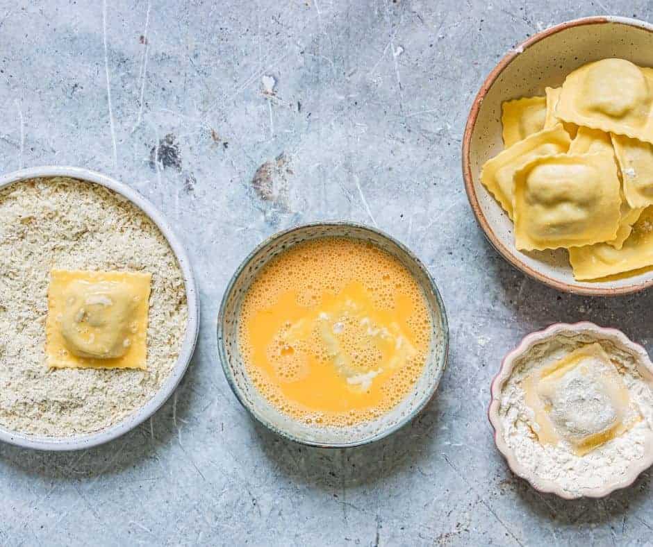 Create the breading stations for the ravioli.