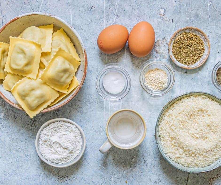 Ingredients Needed For Air Fryer Olive Garden Toasted Ravioli on kitchen table.