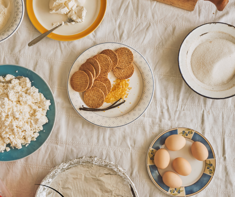 Ingredients for Instant Pot Christmas Swirl Cheesecake: cream cheese, eggs, heavy cream, sugar, vanilla, red velvet cake mix and graham cracker crumbs.