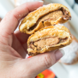 Air fryer Reese’s peanut butter cup bombs baked until golden outside with melted chocolate and creamy peanut butter center for an easy dessert treat