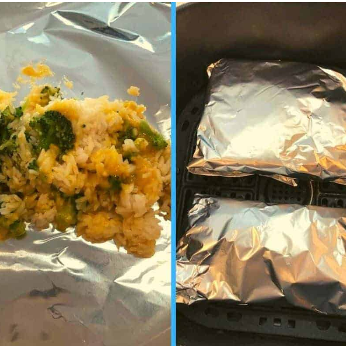 Melted cheese topping over broccoli and rice in the air fryer.