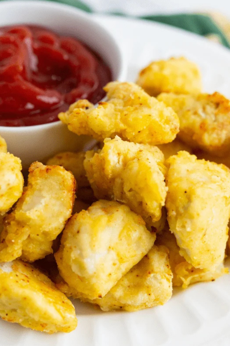 Close-up of crispy air fryer chicken nuggets served on a plate with waffle fries and dipping sauce.