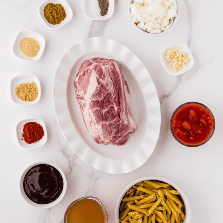 Ingredients for Instant Pot pulled pork sandwiches: pork shoulder, brown sugar, smoked paprika, garlic powder, onion powder, salt, pepper, broth, and BBQ sauce.
