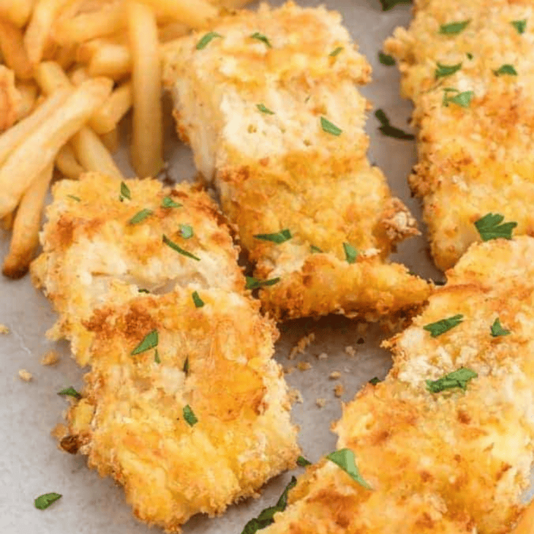 Plate of crispy breaded salmon fillets with golden panko crust