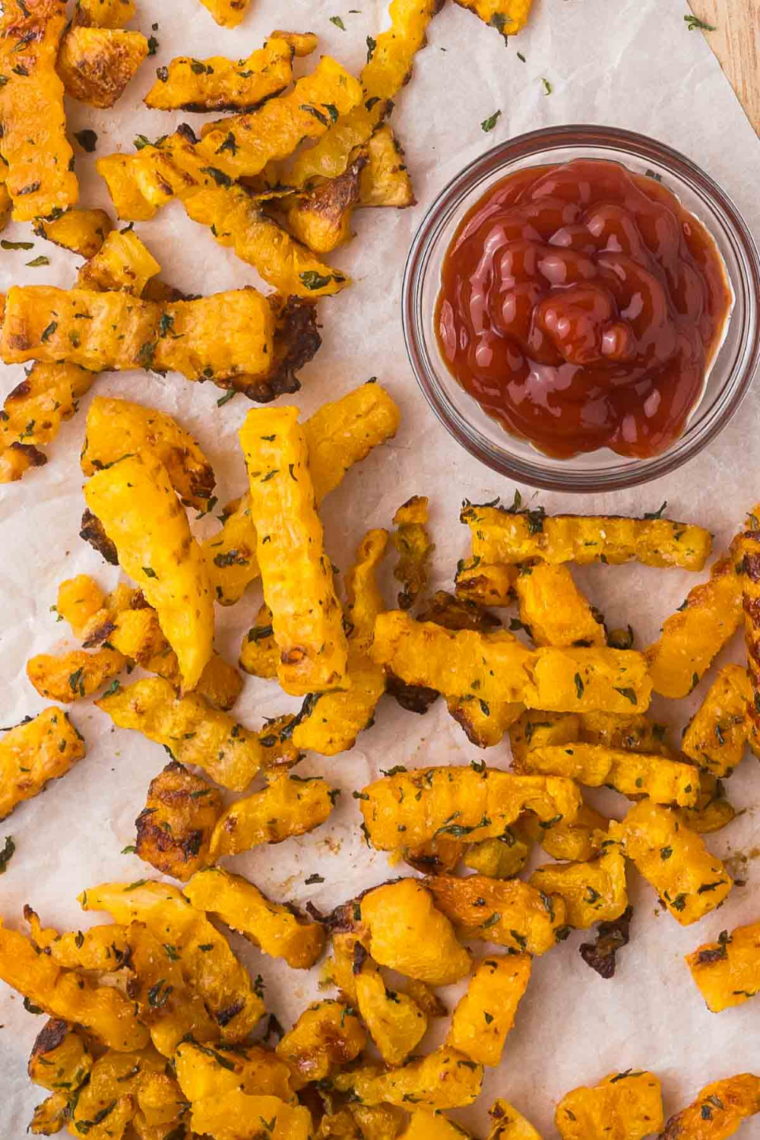 Air Fryer Butternut Squash Fries are a healthy, low-carb alternative to traditional fries. Crispy on the outside, soft and creamy inside, these seasoned fries pair perfectly with garlic thyme aioli. Quick and easy side dish or snack, ready in minutes.
