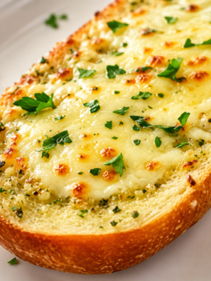 Air fryer cheesy garlic bread sliced into pieces, topped with browned melted mozzarella and parsley