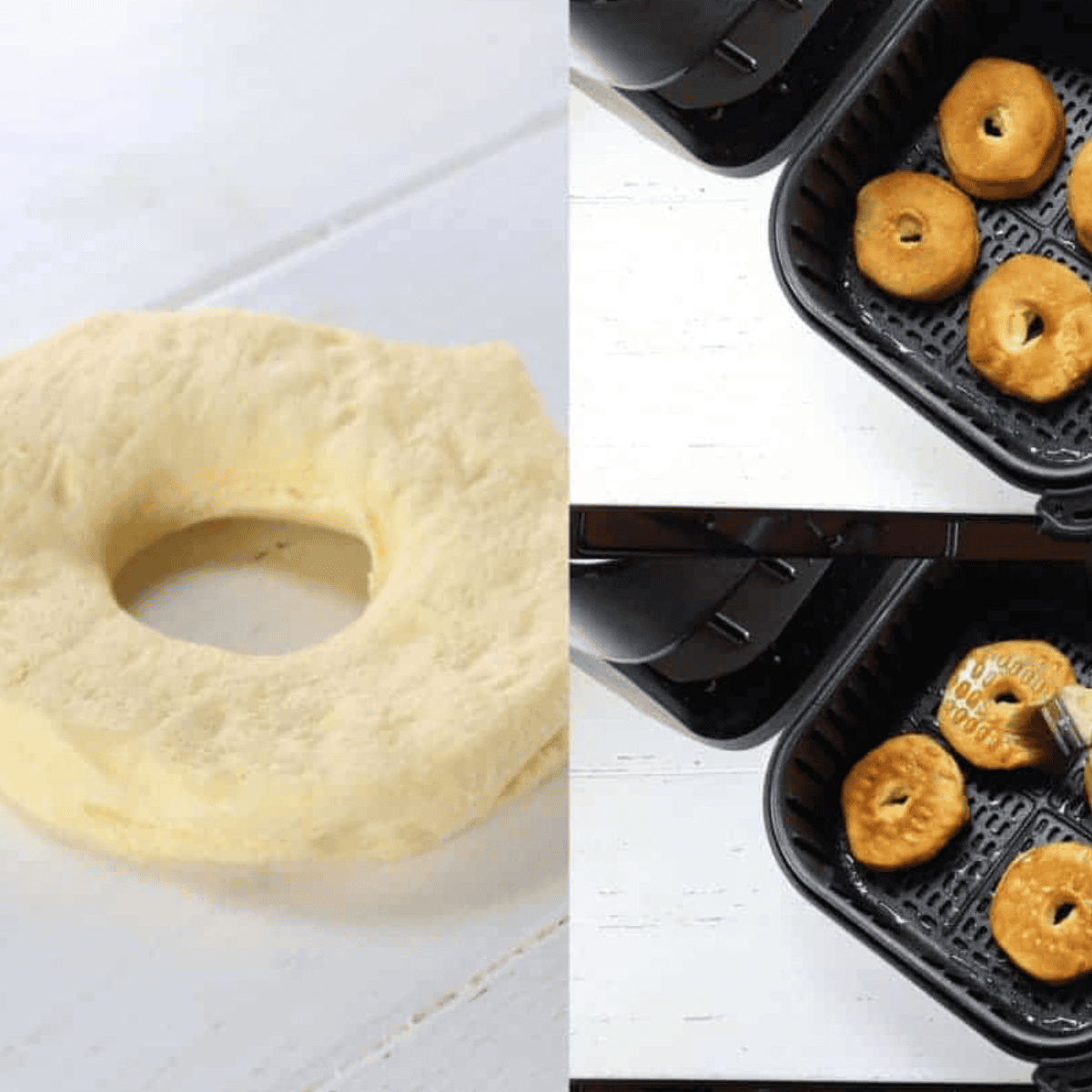 "Place biscuit on a flat surface, remove the center with a small cutter, spray with olive oil, and air fry at 350°F for 5 minutes in a greased air fryer basket without overcrowding."