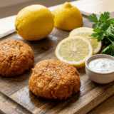 Golden crispy air fryer lobster cakes on a white plate with lemon wedges