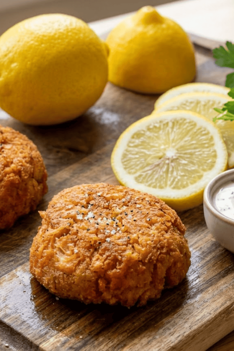 Air fryer lobster cakes served with lemon and fresh parsley garnish