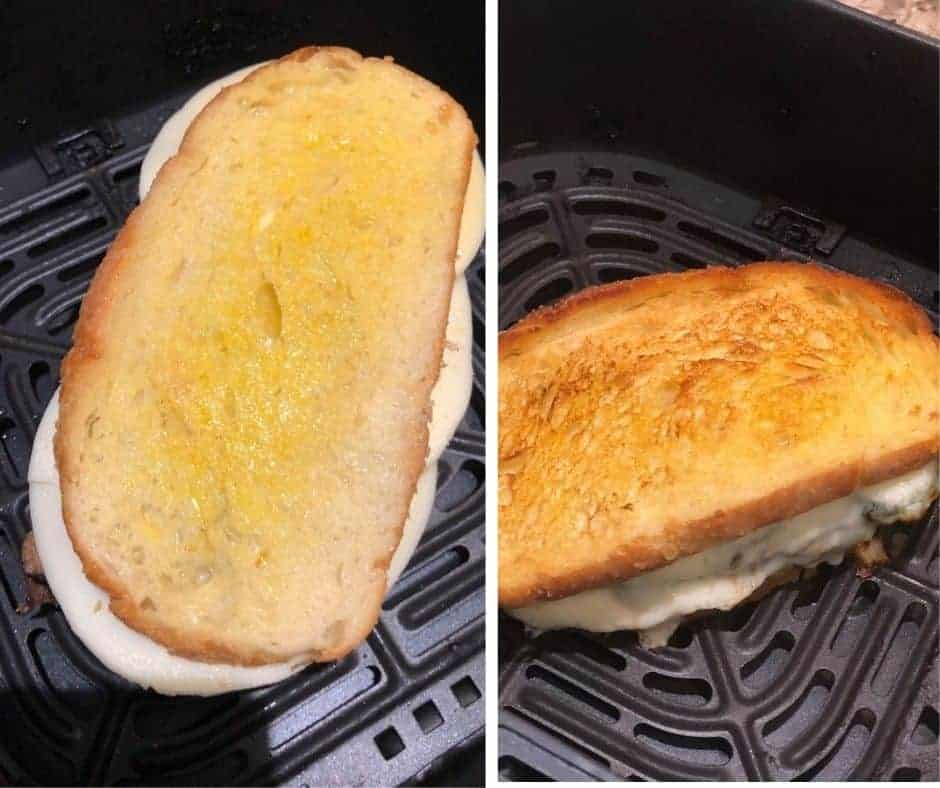 Air frying a meatloaf sandwich for a quick and delicious meal.