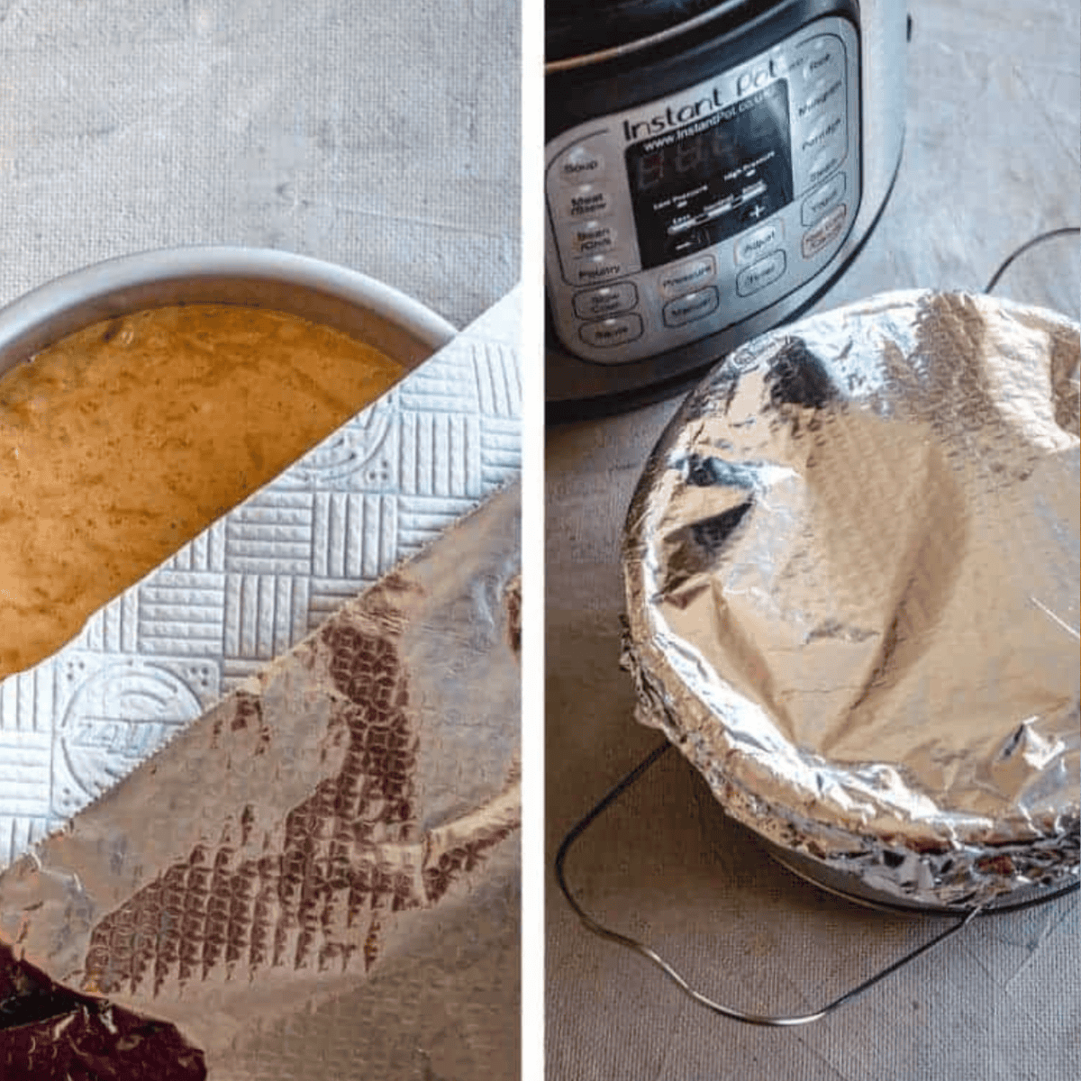 Covered cake pan with paper towel and foil placed on Instant Pot trivet for baking.