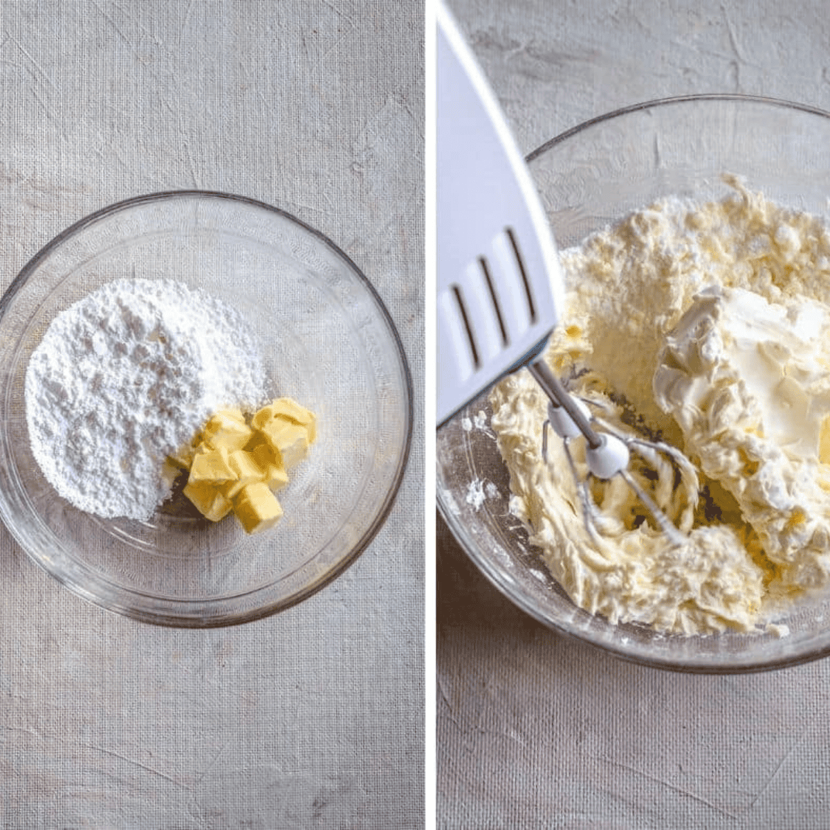 Cream cheese frosting being mixed in a small bowl until fluffy and smooth.