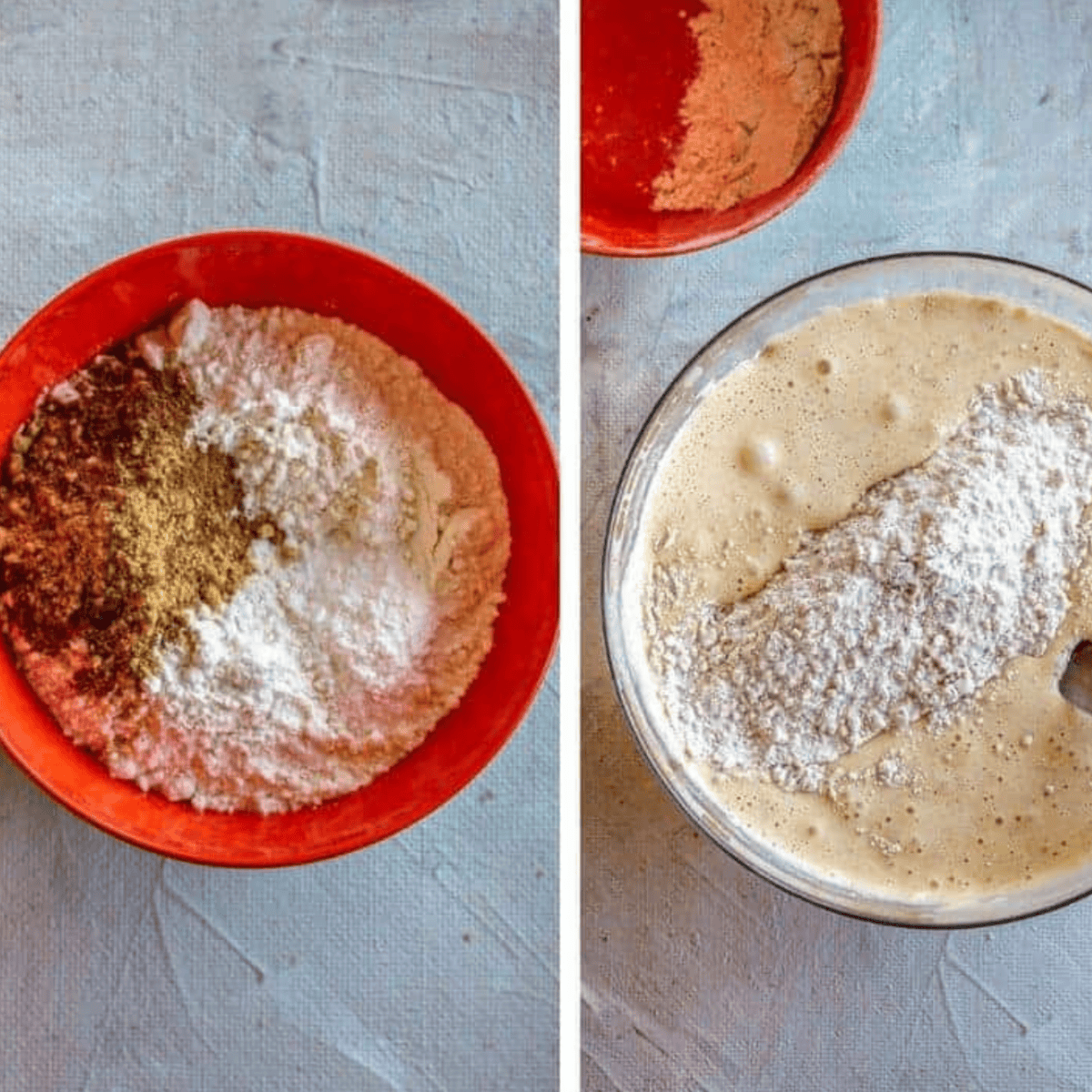 Preparing cake pan and mixing dry spices for carrot cake cheesecake.