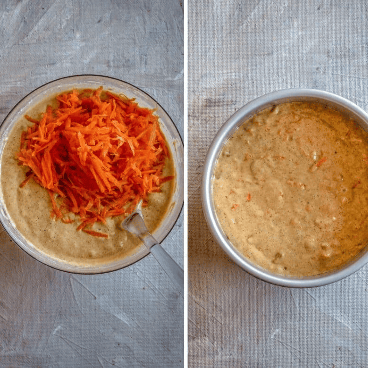 Folding grated carrots and chopped walnuts into batter before pouring into pan.