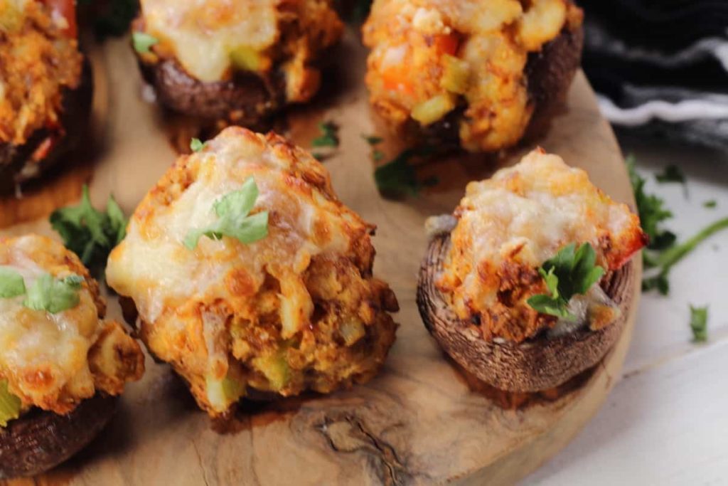 Air fryer stuffed mushrooms with crab and cheese filling.