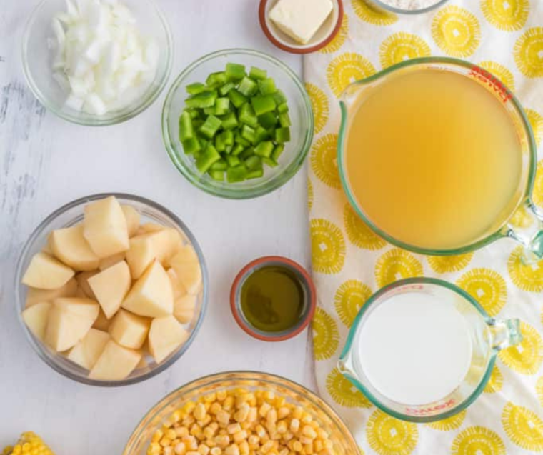 Instant Pot Copycat Panera Corn Chowder ingredients on a table