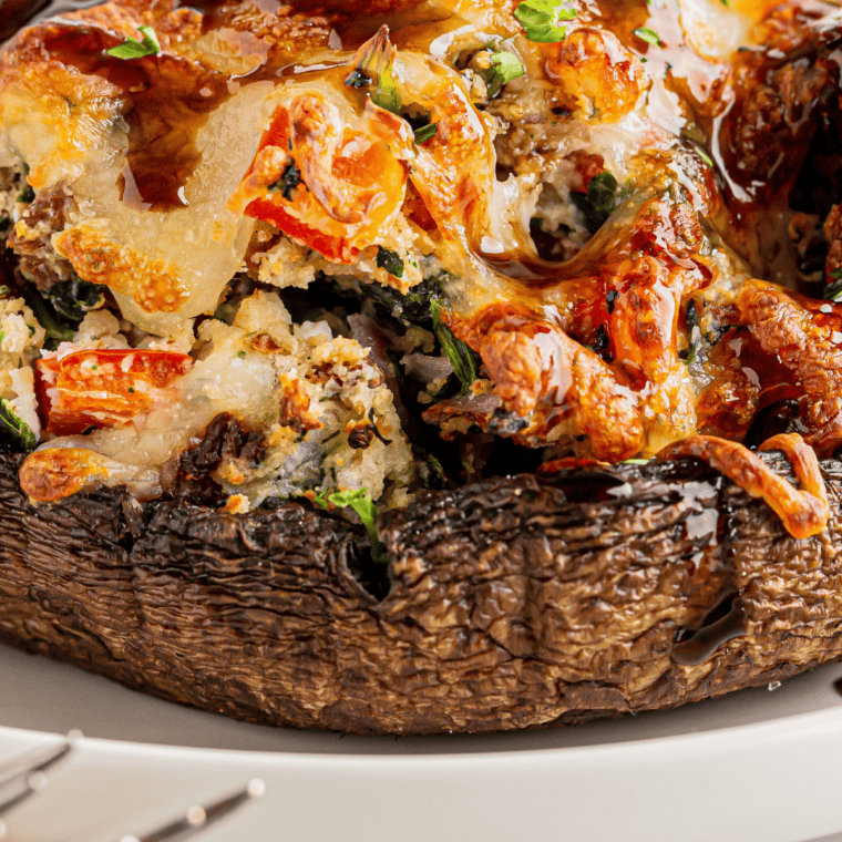 Close up of Joe’s Stone Crab Spinach Stuffed Mushrooms Recipe on kitchen table.