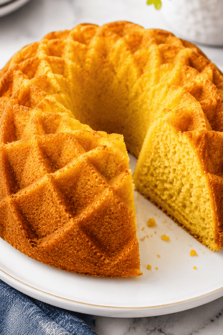 Easy 5-ingredient air fryer 7-Up cake, a golden Bundt dusted with powdered sugar on a white plate