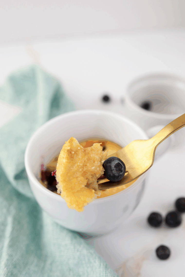 Air fryer blueberry muffin mug cake topped with fresh blueberries