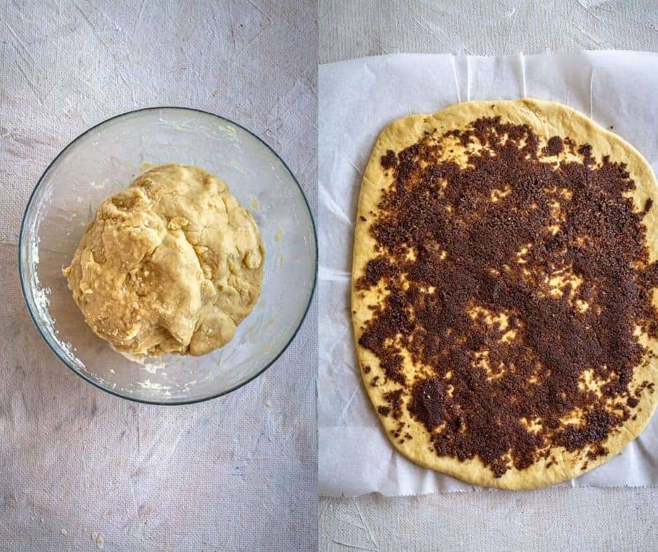 Dough rising in bowl covered with paper and towels, then rolled out and topped with cinnamon filling.