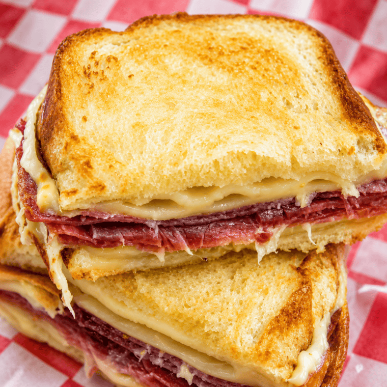 Golden crispy air fryer Italian grilled cheese sandwich stacked on a plate, ready to serve