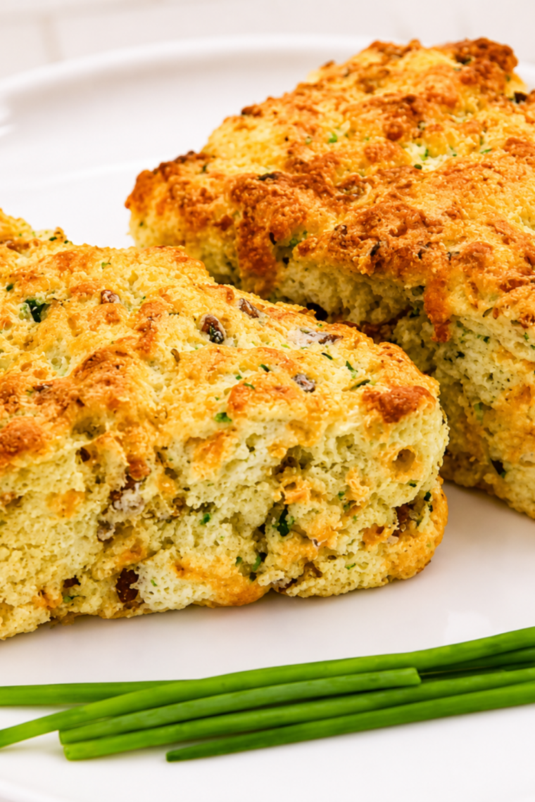 Golden air fryer zucchini bacon cheddar scones stacked on a wooden board with visible bits of crispy bacon and melted cheddar