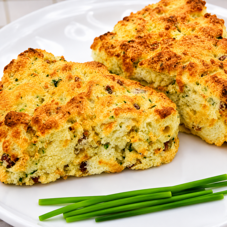 Golden air fryer zucchini bacon cheddar scones stacked on a plate