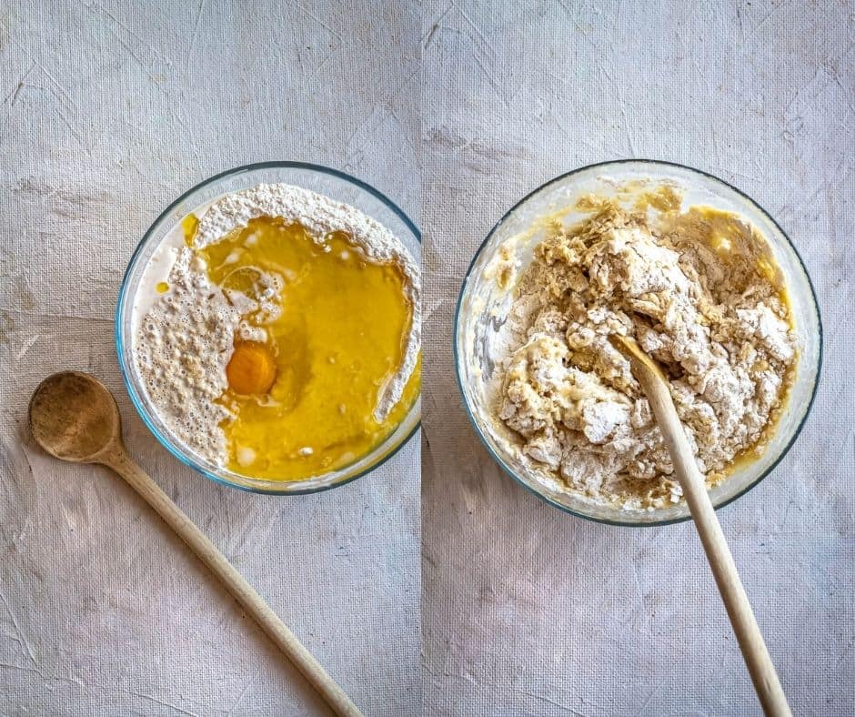 Mixing flour, yeast, milk, butter, oil, and egg into dough for homemade cinnamon rolls.