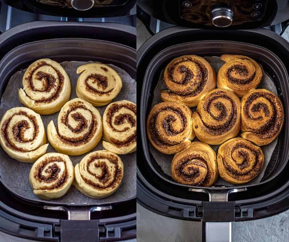 Cinnamon rolls baking in air fryer on parchment paper until golden brown.